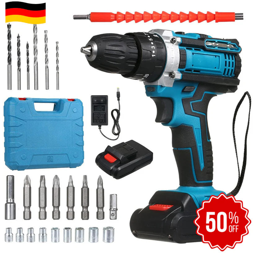 DrillMaster | Wiertarka elektryczna udarowa z bateryjnym zasilaniem (pełny zestaw niemiecki)